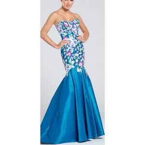 NEW Ellie Wilde Mon Cheri Formal Gown Women 2 Blue Embroider Floral Pageant Prom